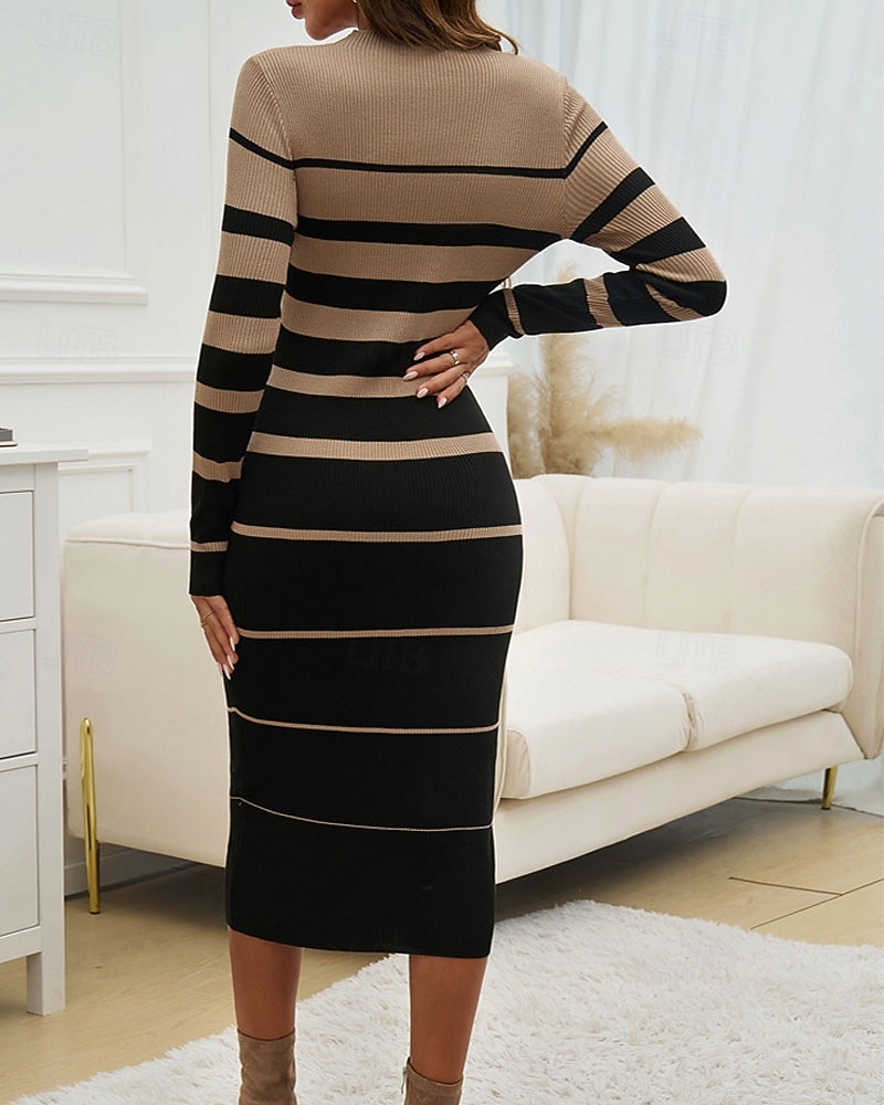 Damen Midikleid Pulloverkleid Bodycon Etui-Kleid Mode Modern Urlaub Täglich Wochenende Normale Passform Gestreift Langarm Rundhalsausschnitt Schwarz Weiß Grün Khaki Frühling Herbst 2025 - $42.99 –P7