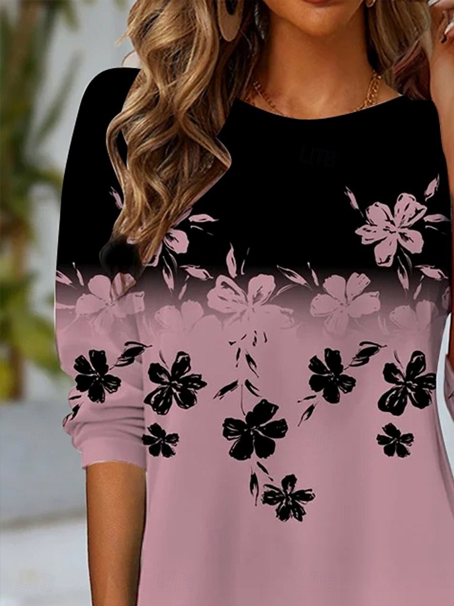 Damskie Podkoszulek Nadruk Ombre Kwiaty Graficzny Zabytkowe Elegancki Klasyczny Długi rękaw Półgolf Okrągły dekolt Zwykłe topy Codzienny Brudny róż Wiosna Jesień Zima 2026 - $24.99 –P2
