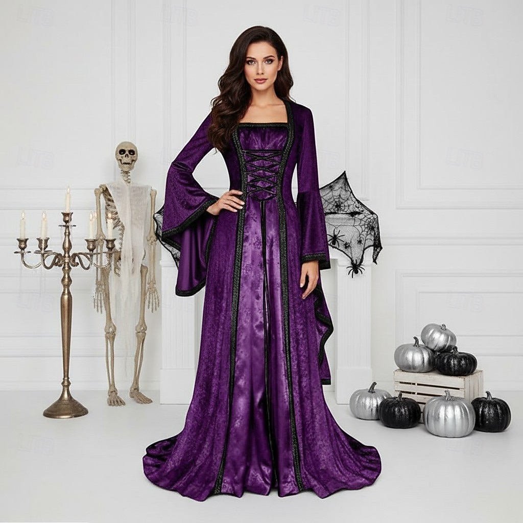 viking purple dress Retro Vintage Medieval A-Line/Princess Round Neck Long Sleeves Floor-Length Viking Halloween Performance Evening & Prom Dress, S / Purple