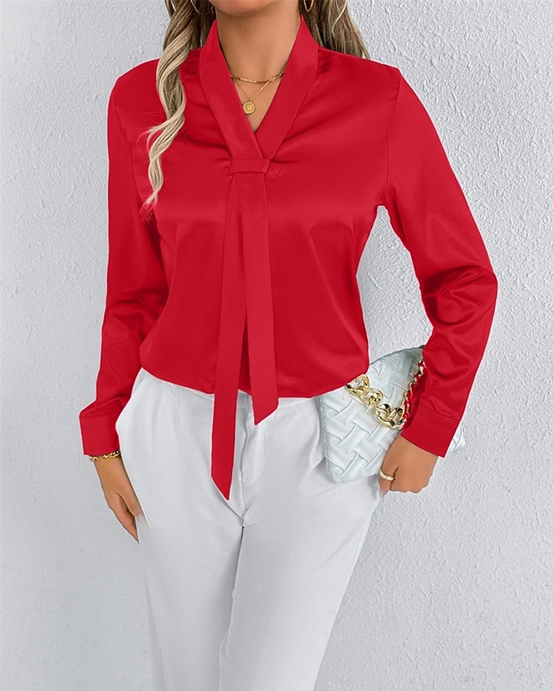Per donna Camicia Camicia in raso Tinta unica Elegante Casual Manica Lunga Scollo a V Top Regolari Quotidiano Uscire Nodo frontale Rosa Rosso Primavera Autunno del 2025 a $18.99 –P7