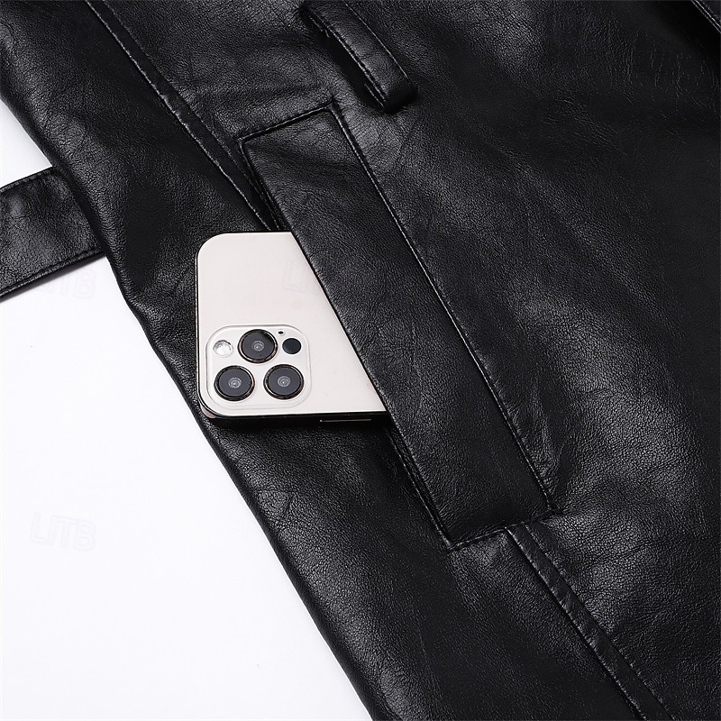 Herr Rock Trenchcoat Lång trenchcoat Semester Dagligen Vår Höst PU Läder Vindtät Ytterkläder Kläder Mode Klassisk Slät Ficka Kavajslag Enkelknäppt 2025 - $73.99 –P6