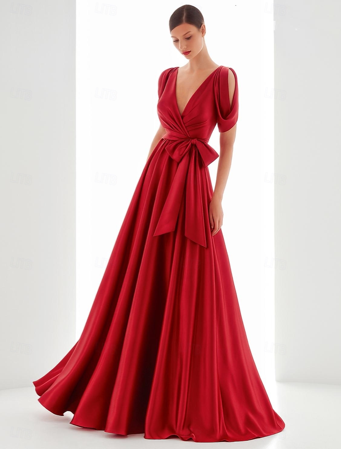 Linha A Vestidos de noite Elegante Traje formal Formal Casamento Longo Manga Longa Decote V Cetim com Laço(s) Pregas 2025 de 2025 por $129.99 –P1