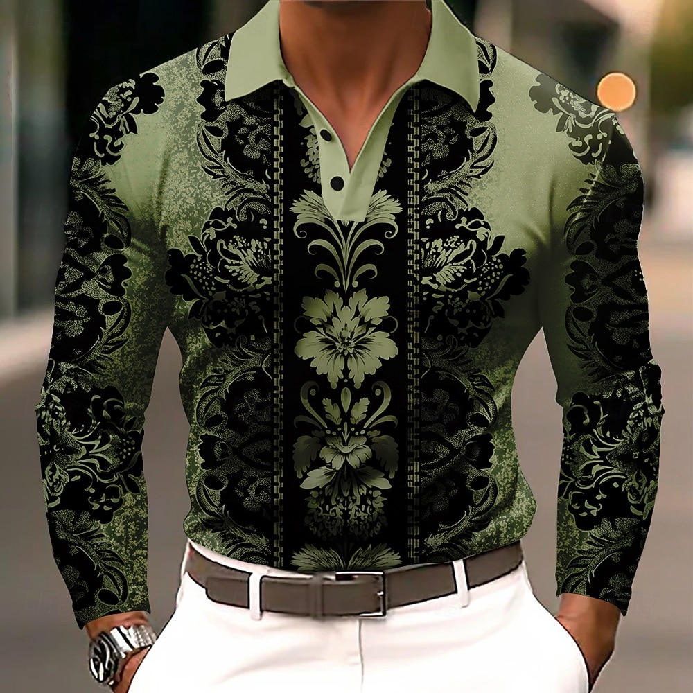 Herren Blumen Polo Langarm Polo-Shirts Revers Business-Casual Athleisure Alltagskleidung 3D-Druck Knöpfe Frühling Herbst Winter Blau Purpur Grün 2026 - $22.99 –P3