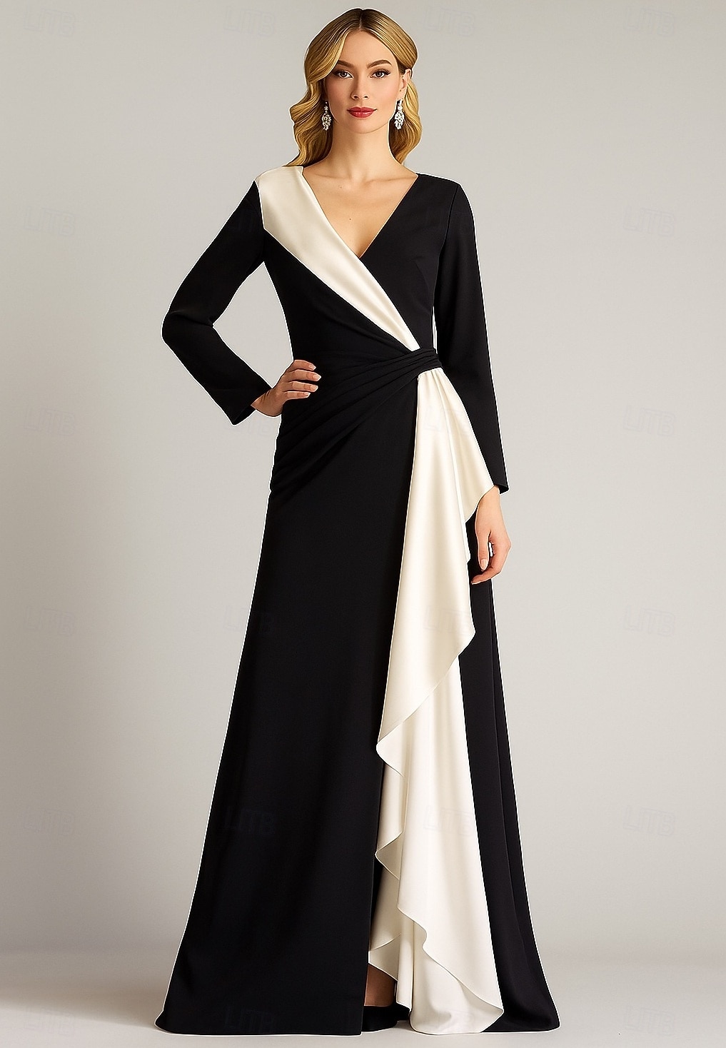 A-Linie Abendkleid Elegant Formelle Kleidung Formell Hochzeit Bodenlang Langarm V Ausschnitt Gürtel / Schärpe Stretch-Crêpe mit Falten 2025 2025 - $154.99 –P1