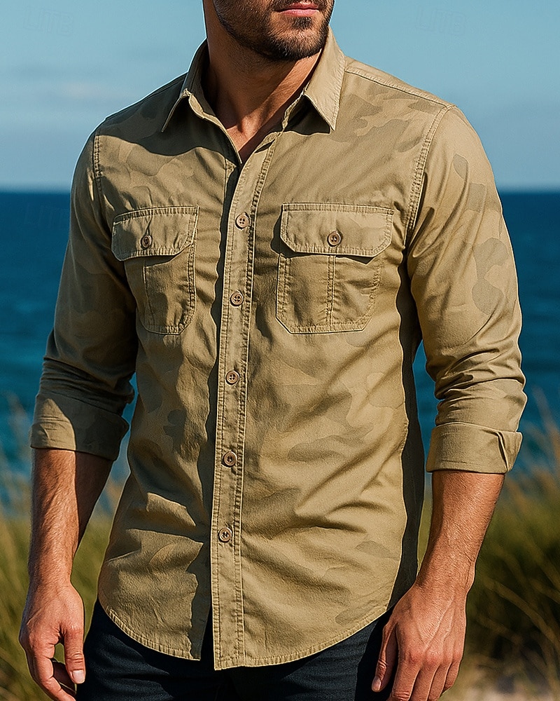 Hombre camisa cargo Camisa para senderismo Manga Larga Cuello Vuelto Camiseta Al aire libre Transpirable Algodón Color Camuflaje Verde Ejército Caqui Gris Tenis Golf Corriendo 2025 - $32.99 –P4