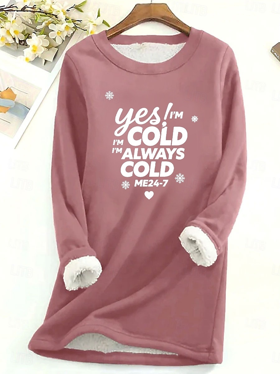 2025年 レディース プルオーバー スウェットシャツ yes im cold グラフィック レター 暖かい カジュアル ふわふわ 長袖 クルーネック ラウンドネック ロング トップス ストリート カジュアル ライトピンク ブラック ダークピンク ブルー 春 秋 冬  コレクション – $23.99 –P3