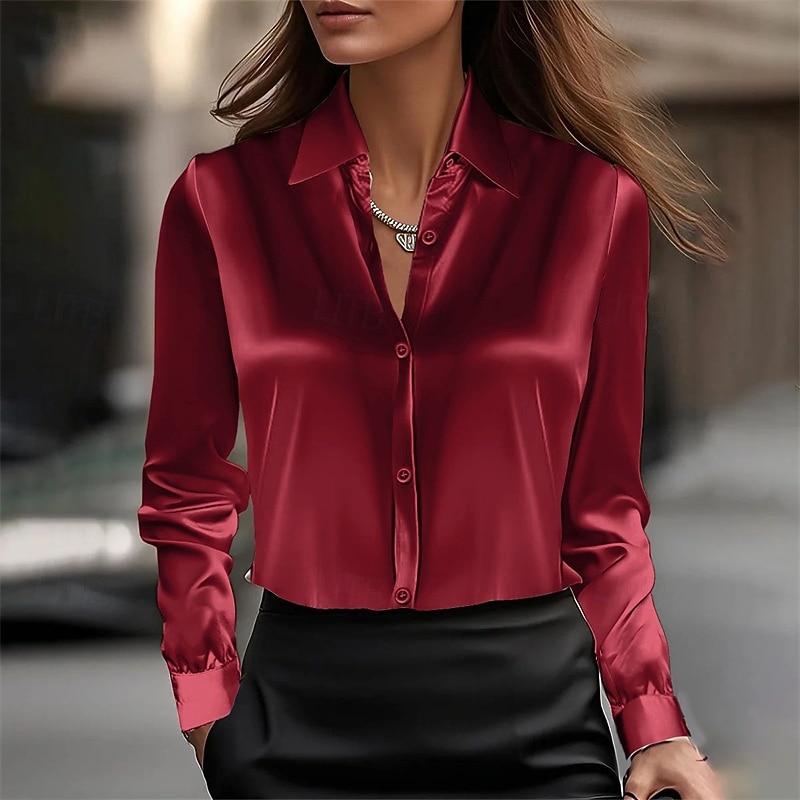 Camisa feminina de cetim cor sólida elegante básica manga comprida gola regular tops botões diários férias prata preto branco champanhe vinho verão primavera de 2025 por $26.99 –P6