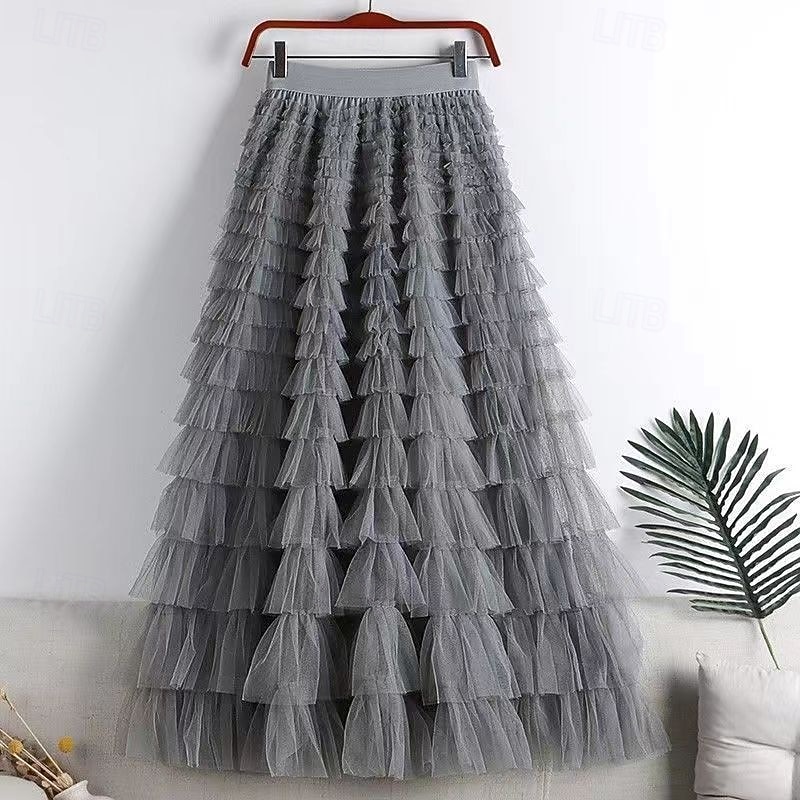 Femmes Jupe Trapèze Élégant Mode Occasionnel Maxi Taille haute Jupes Uni Superposé Micro-Élastique Soirée Rue Vin Noir Blanche Rose Printemps Chiffon Tulle de 2025 ? $29.99 –P2