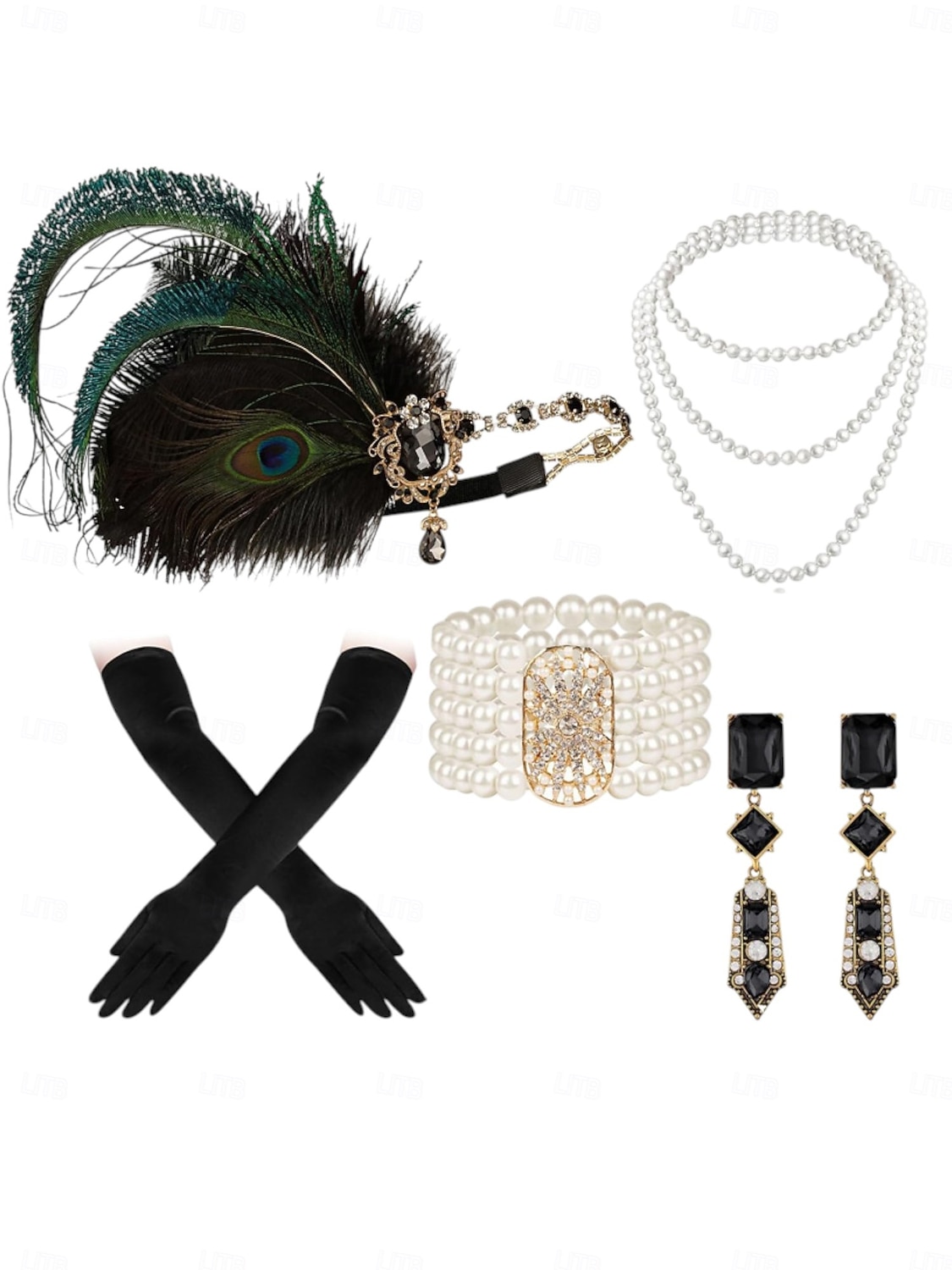 مجموعة مجوهرات نسائية من طراز جاتسبي فلابر من عشرينيات القرن العشرين - عصابة رأس من ريش الطاووس، سوار من اللؤلؤ، أقراط، قلادة، وقفازات للحفلات الكلاسيكية والملابس المسائية 2026 - $26.99 –P8