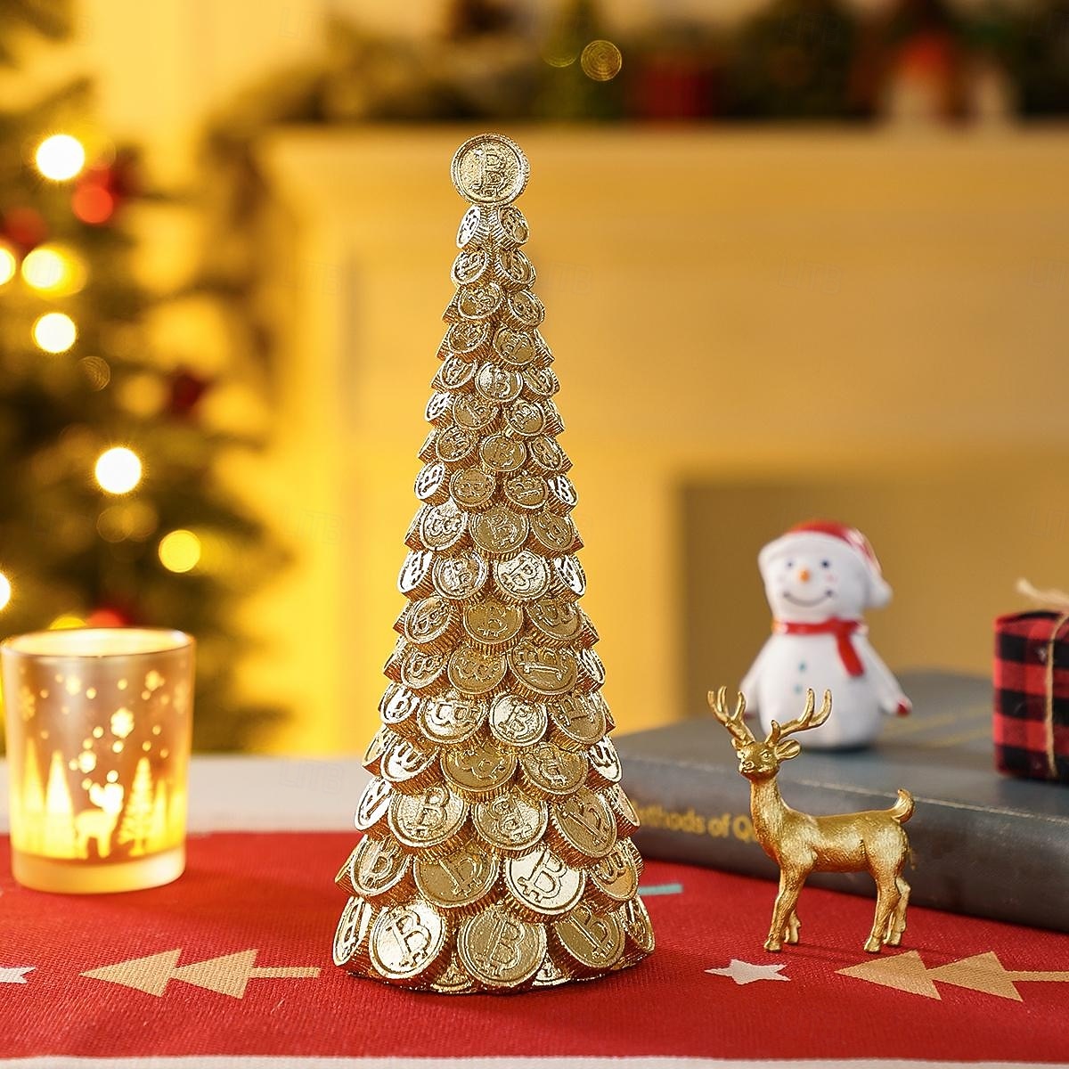 Décoration de table pour sapin de Noël, motif pomme de pin dorée, dollar et bitcoin, mini statue de sapin de Noël en résine pour décoration intérieure de vacances, vitrine, cadeau de 2025 ? $17.99 –P8