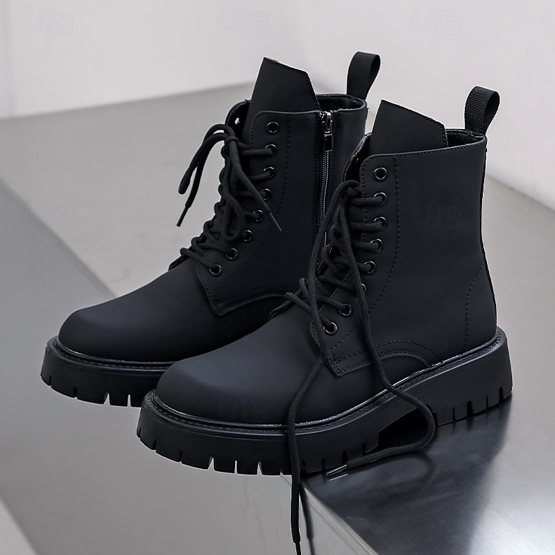 Svarte herrestøvler med snøring og glidelås på siden til kamp, slitesterkt kunstskinn, militærinspirert stil for utendørs-, arbeids- og streetwear-mote 2025 - $59.99 –P1