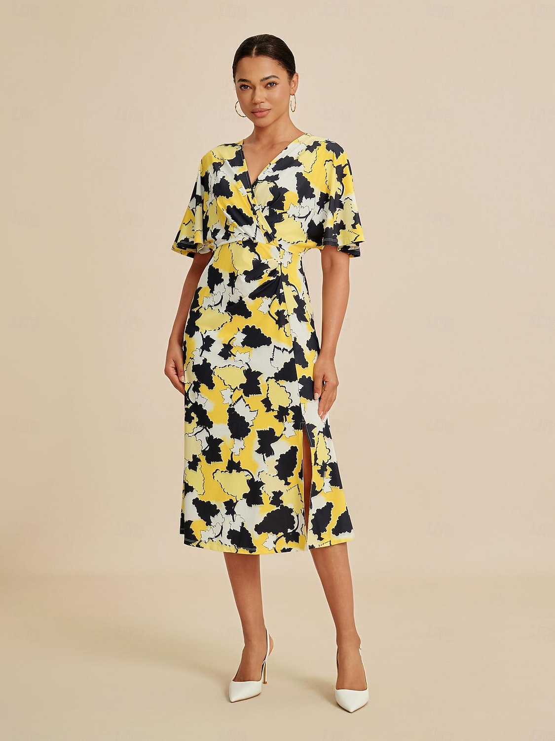 Femminile Abito Elegante Abito Midi Giallo Manica Corta Astratto Estate Primavera Autunno Scollo a V Elegante Abito elegante S M L del 2025 a $86.99 –P2