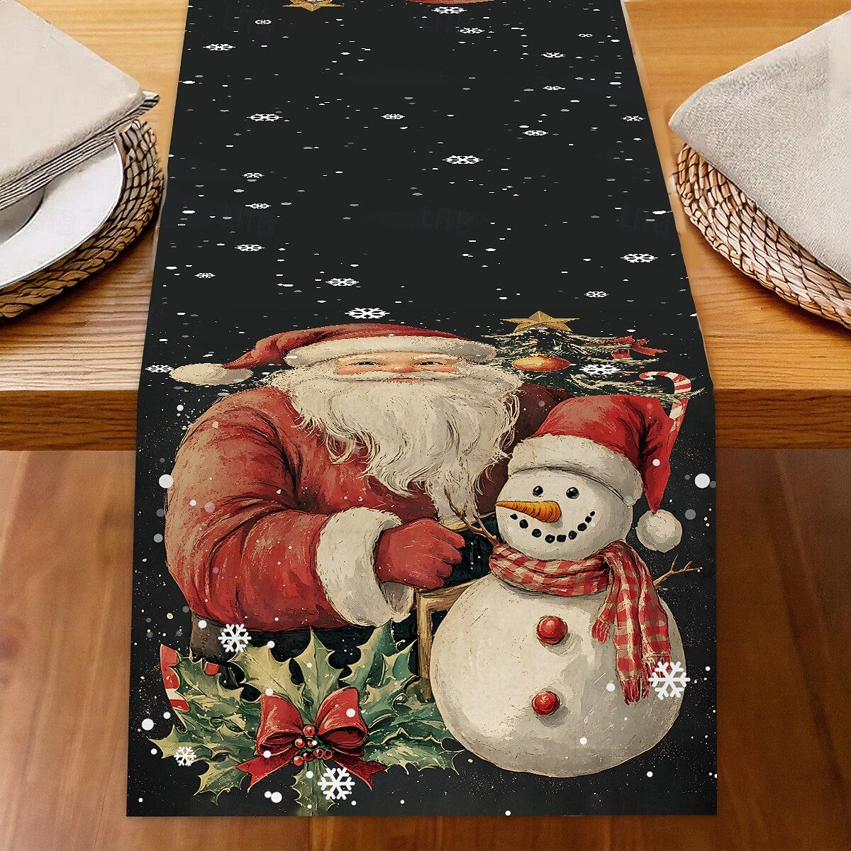 Jul Linneduk Högtids Tecknad Jultomte Snöflinga Tryck Duk Matbord Dekor Vardagsrum Bänkskiva Festlig Dekoration 2025 - $7.99 –P9
