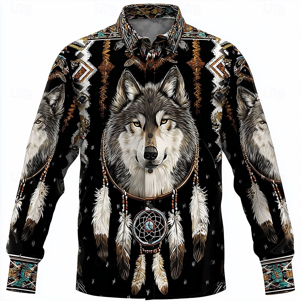 Hombre Lobo Atrapasueños Étnico Camisa Abotonar la camisa Manga Larga retro de la vendimia Exterior Acampada y Senderismo Caza Primavera Otoño Cuello Vuelto Impresión 3D camisas con cuello Negro 1 2026 - $27.99 –P2