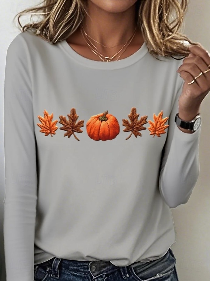 Femmes T-shirt Graphique Plantes ancien Élégant Classique manche longue Col ras du cou Col rond Hauts Réguliers Quotidien Imprimé Noir Bleu Orange Gris foncé Gris Printemps Automne Hiver de 2025 ? $22.99 –P3