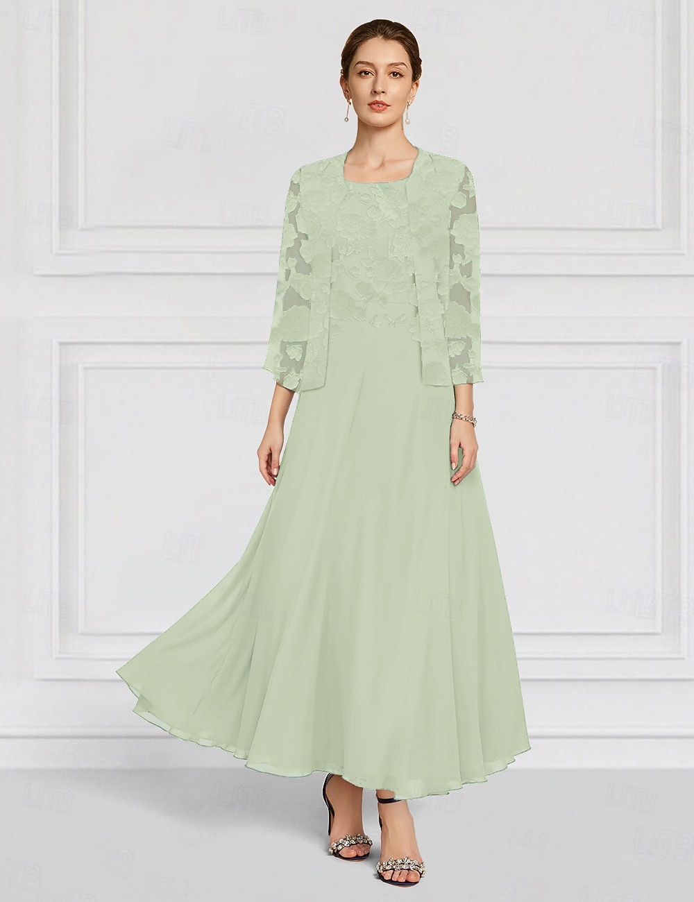 Из двух частей А-силуэт В пол Свадебное платье для гостей Платье для матери невесты Рукав 3/4 Вырез лодочкой Элегантный стиль Простой минималист Официальные Свадебный гость Шифон с Кружева 2026 - $157.99 –P4