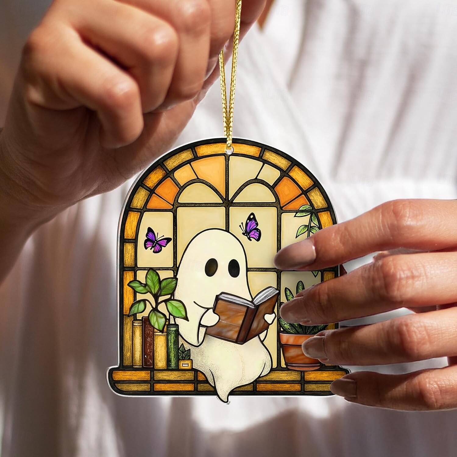 קישוטי רפאים ויטראז' דמויי אקריליק לליל כל הקדושים, לוכד שמש חמוד לקישוט ליל כל הקדושים, מתנת רוח רפאים חמודה לאוהבי ספרים, קישוט סתיו גותי לחלון, מתנות ליל כל הקדושים לנשים 2025 - $4.99 –P4