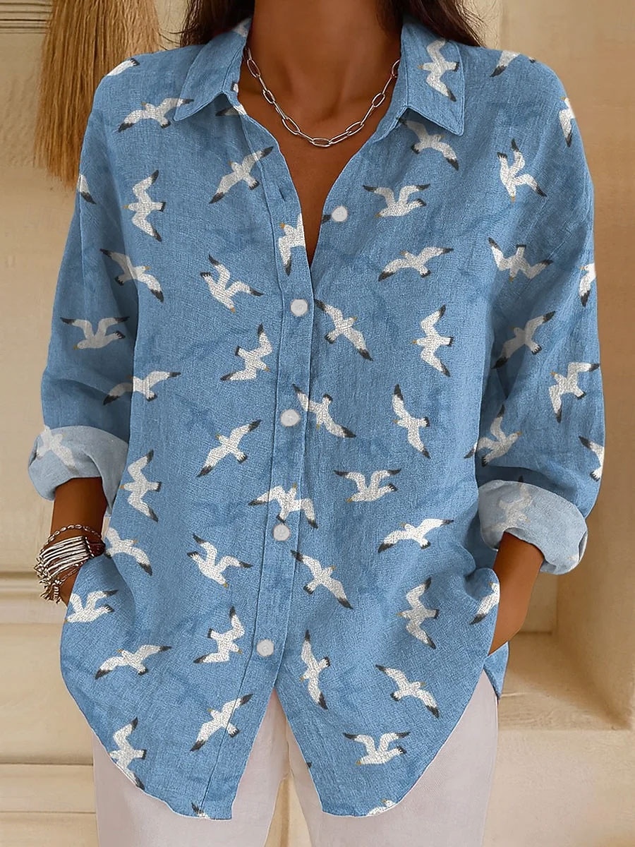 Camicia da donna in lino come traspirante leggera grafica geometrica vintage tropicale quotidiana a maniche lunghe colletto regular top quotidiano stampa rosa blu arancione verde primavera autunno del 2026 a $36.99 –P1
