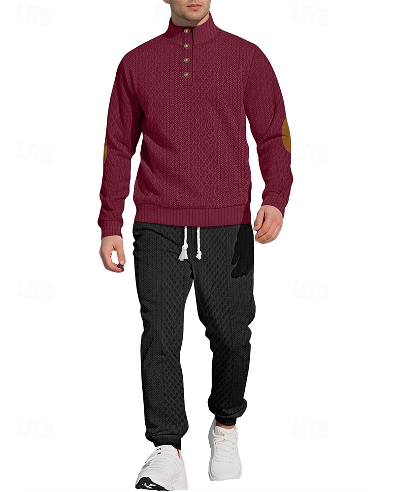 Men's Sweatshirt Tracksuit Outfit Set Stand Collar Outdoor Daily Sports Jacquard Drawstring Button Up Color Block Wine Red Black White Polyester Activewear Fashion Streetwear Spring 2025 - $52.99 –P9