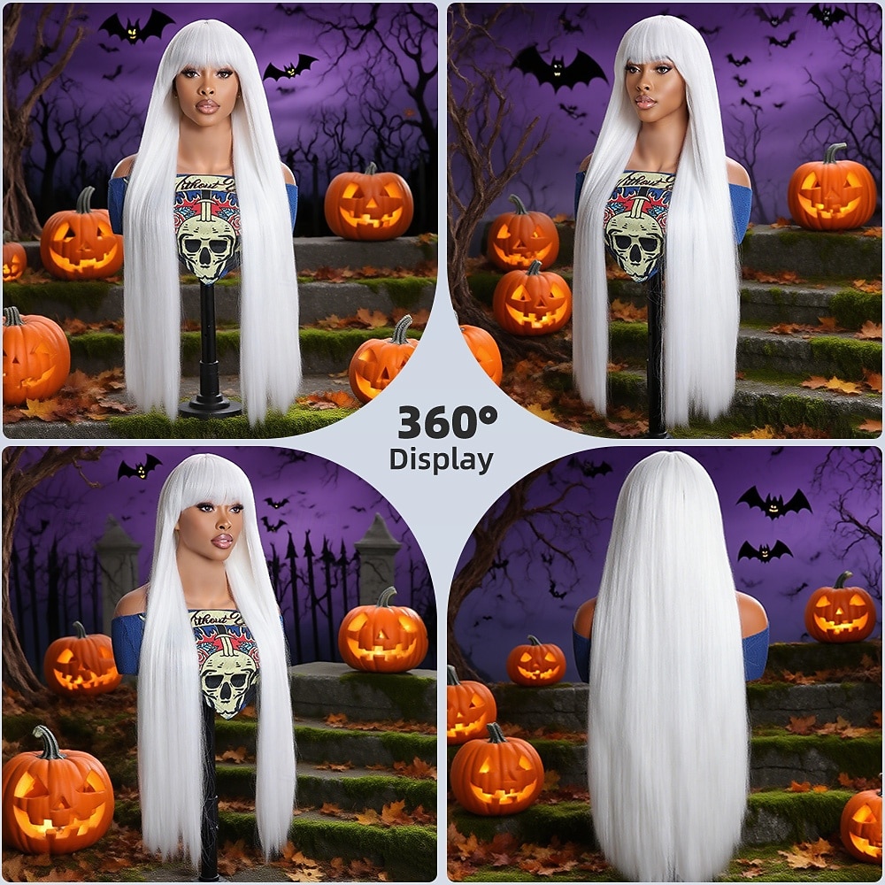 2026年 人工毛ウィッグ ストレート ナチュラルストレート ミドル部 ニートバング かつら 非常に長いです ホワイト 合成 36 インチ 女性用 ソフト 快適 白  コレクション – $40.99 –P7