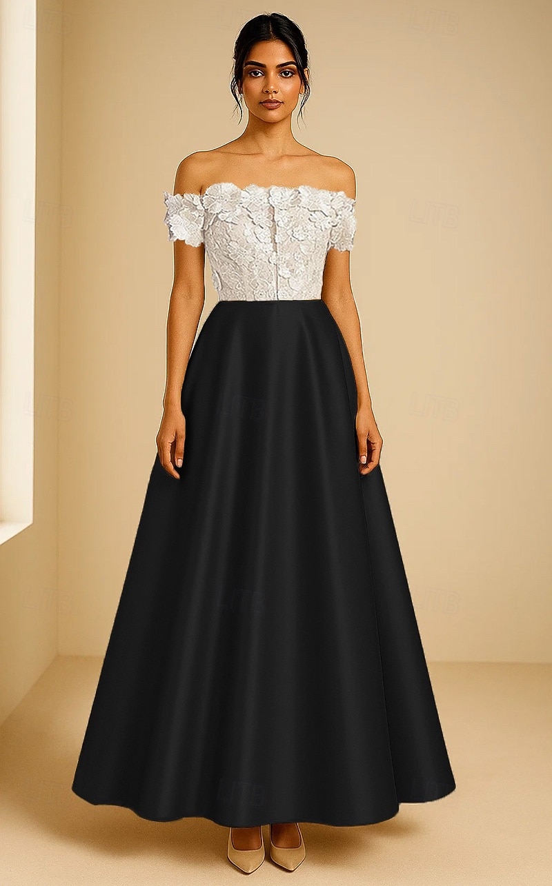 А-силуэт Вечернее платье Элегантный стиль Торжественное платье Официальные Свадьба В пол С короткими рукавами С открытыми плечами Сатин с Вышивка Аппликации 2025 2025 - $149.99 –P4