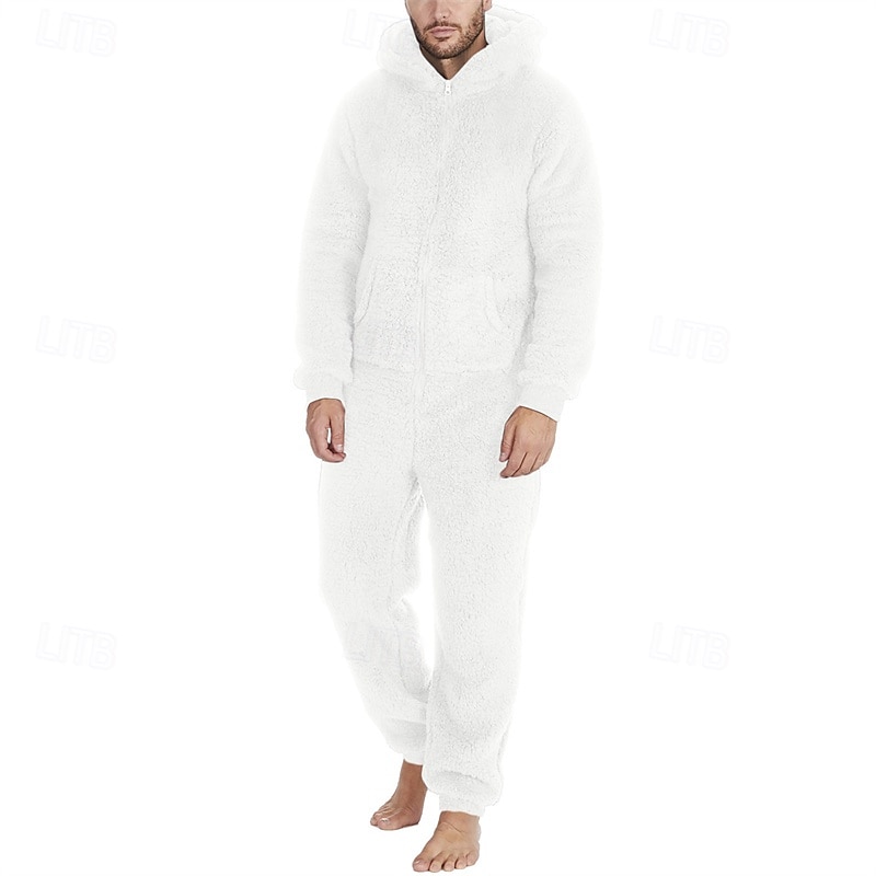 Men's Loungewear Bodysuits Sleepwear 1 PC Plain Warm Fashion Stylish Home Daily Bed Sherpa Polar Fleece Thermal Warm Comfort Soft Hoodie Long Sleeve Pocket Fall Winter Light Pink Black 2026 - $46.99 –P11
