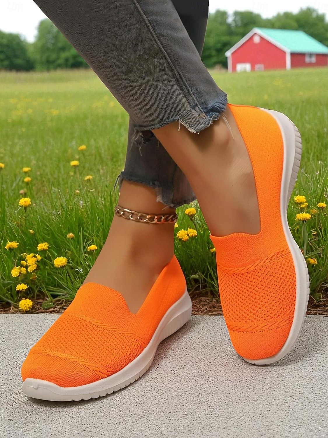 Tênis femininos Flyknit slip-on laranja brilhante – calçados leves e respiráveis para caminhada, uso casual diário e viagens de 2026 por $19.99 –P4