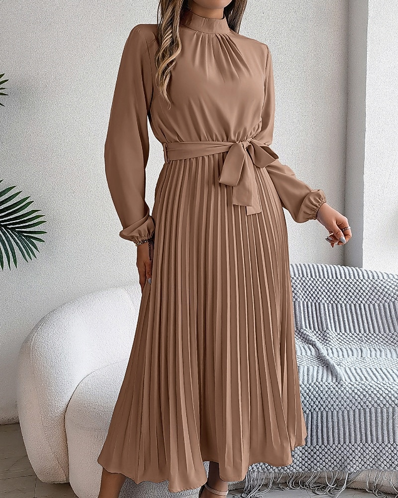 Mulheres Vestido midi vestido de cetim Vestido de festa Vestido Coquetel Vestido franzido Elegante Moderno Festa de Noite Festa Encontro Normal Tecido Manga Longa Colarinho Chinês Preto Rosa Vinho de 2026 por $31.99 –P12