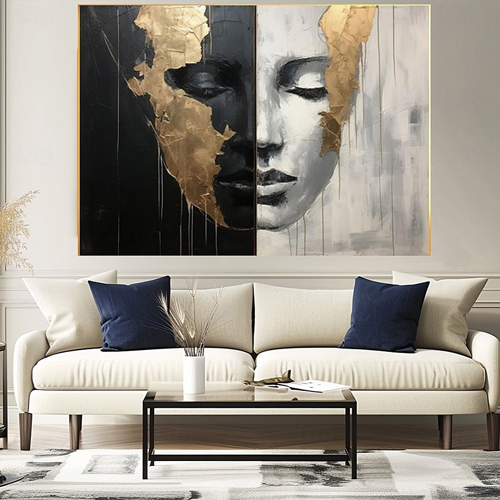 Peintures abstraites de visages de filles peintes à la main sur toile, peinture noire et blanche, œuvres d'art figuratives dorées, peinture murale minimaliste pour la décoration intérieure, cadre de 2025 ? $131.99 –P3