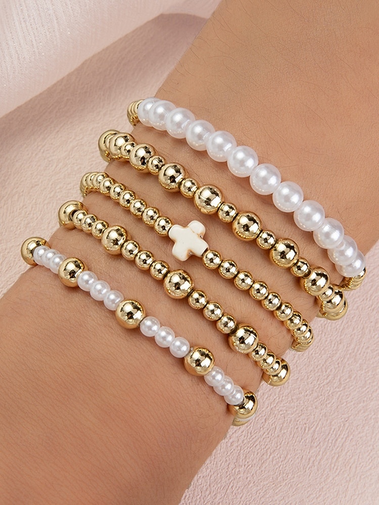 Women's Pearl and Gold Bead Bracelet Set – 6Pcs Stretch Layered Beaded Bangles, Elegant Fashion Jewelry for Parties, Weddings & Daily Wear 2026 - $7.99 –P1