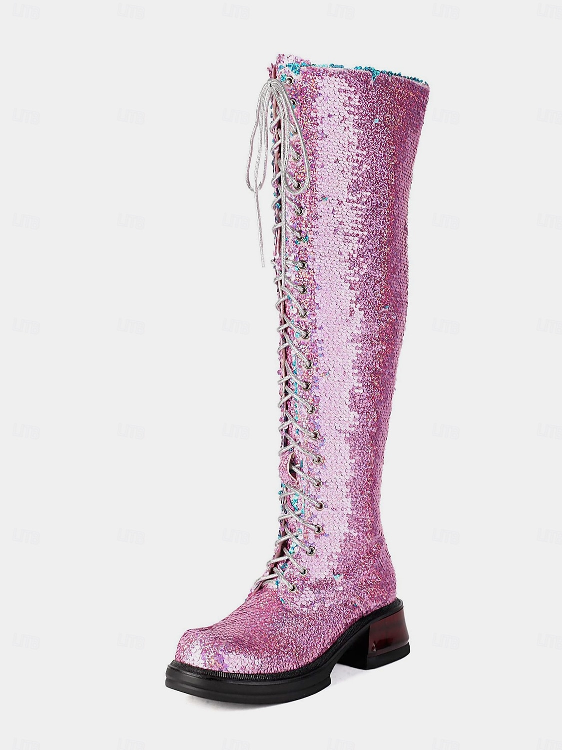 türkisfarbene, kniehohe Schnürstiefel für Damen mit Pailletten – glitzernde Party-Schuhe im Combat-Stil für das Nachtleben und Club-Outfits 2026 - $99.99 –P3