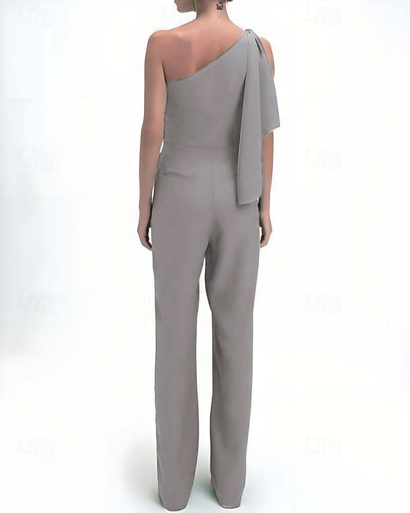 Комбинезон  брюки для матери невесты Элегантное простое минималистичное платье с одним плечом длиной до пола из полиэстера без рукавов с бантом/рюшами однотонного цвета 2025 - $154.99 –P2