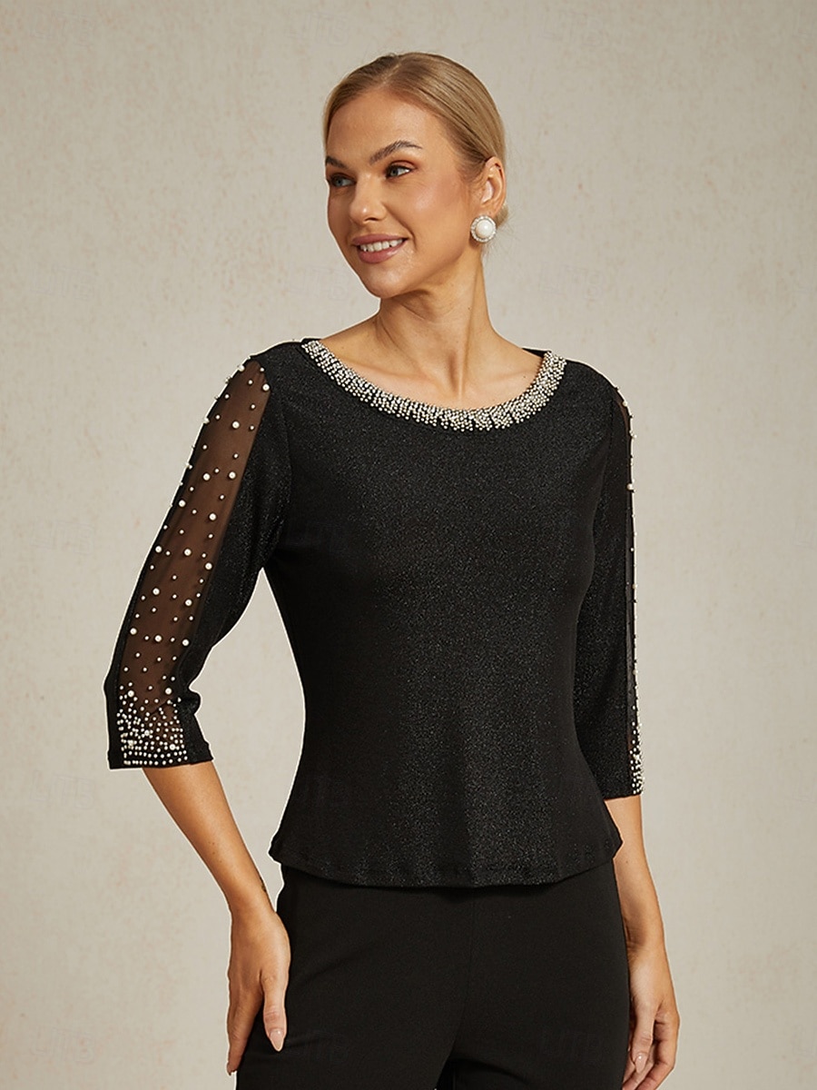 Per donna Top Eleganti Con perline Metallico Guanto Elegante Quotidiano Signore Manica 3/4 Girocollo Top Regolari Ospite di nozze Abbigliamento da sera Semi-Formale Nero Primavera Autunno Inverno del 2026 a $75.99 –P7