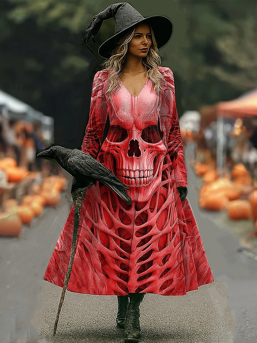 Halloween Női Koponyák Nyomás Midi Ruha A-vonalú Ruha Vakáció Hétköznapi Napi Normál Illeszkedés Grafikával Koponya Hosszú Ujjú V Nyakú Kék Narancs Szürke Ősz Tél 2025 - $33.99 –P5