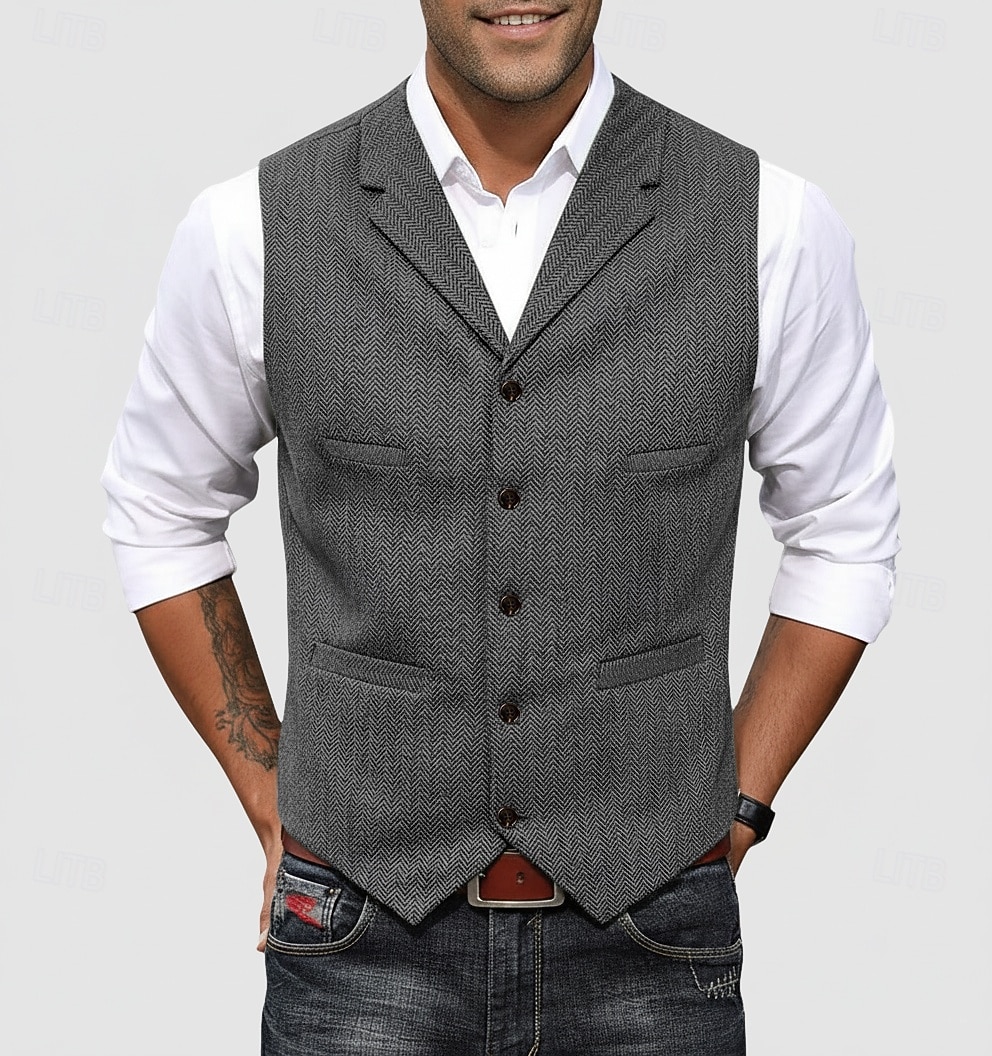Per uomo Gilet in tweed Gilet Formale Matrimonio Vacanza Casuale Vintage Moda Primavera Autunno Tasca Bottoni Poliestere Tweed Confortevole Semplice Spina di Pesce Monopetto Scollo a V Con intaglio del 2026 a $37.99 –P12
