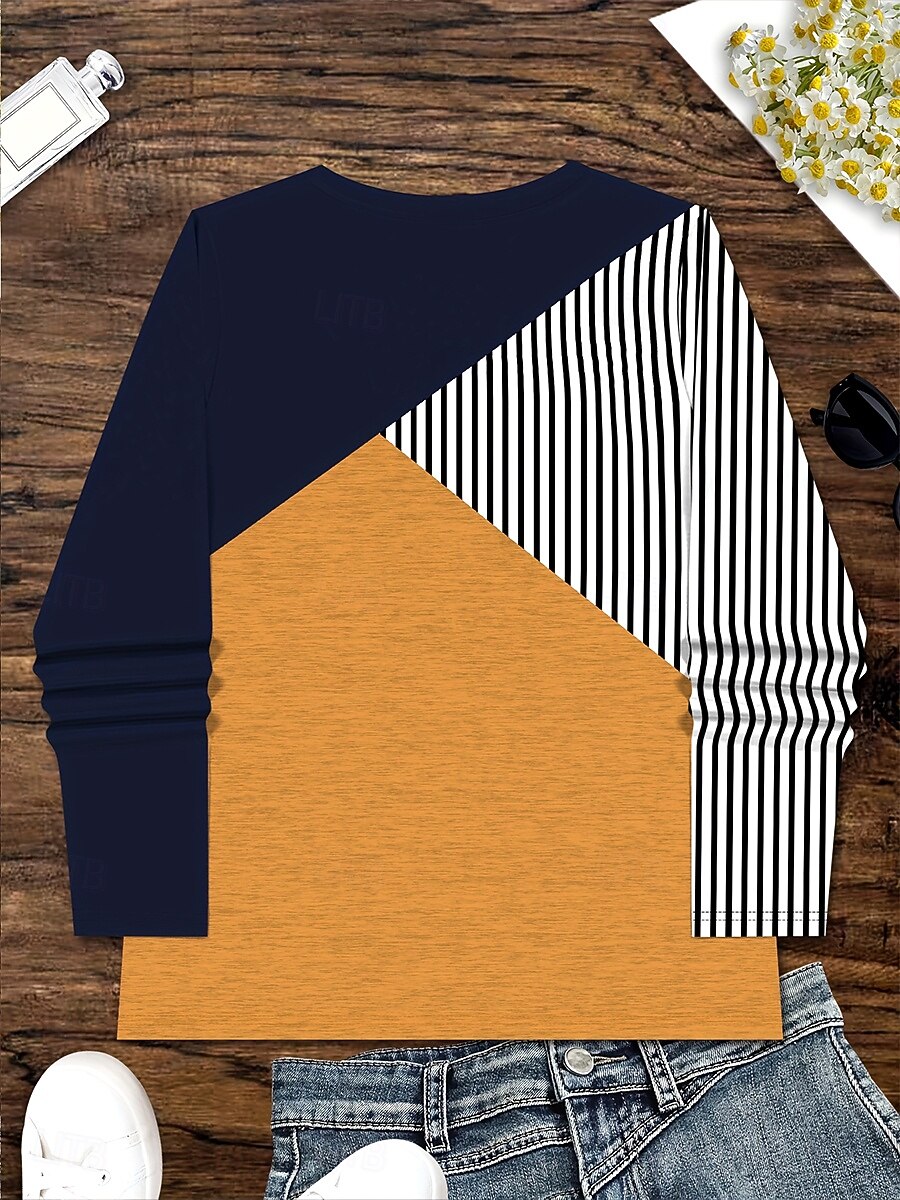 Per donna Maglietta Stampato Grafico Geometrico Blocco di colori Vintage Elegante Classico Manica Lunga Girocollo Top Regolari Quotidiano Giallo Autunno Inverno del 2026 a $24.99 –P2