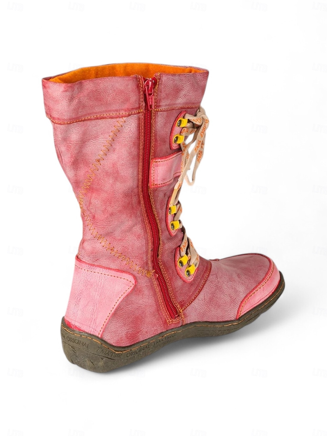 Botas de combate rojas con cordones a media pantorrilla para mujer con forro polar, estilo rústico vintage, cómodas botas hechas a mano para atuendos casuales y ropa de invierno al aire libre. 2026 - $89.99 –P4