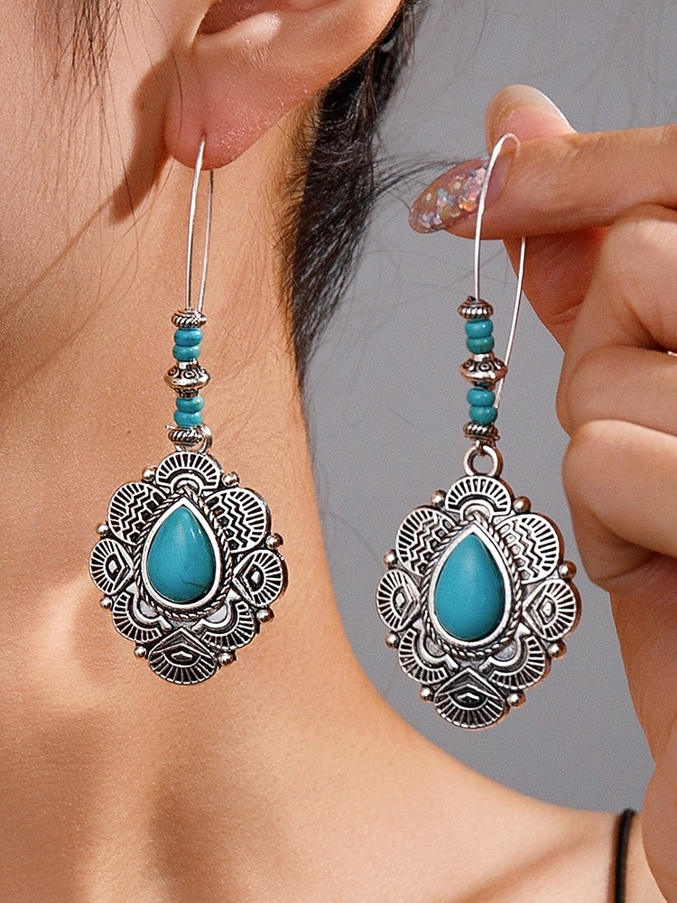 Boheemse oorbellen met bloemen en turquoise steen voor dames, vintage oorbellen van legering voor casual gebruik, op het strand en op feestjes 2026 - $7.99 –P1