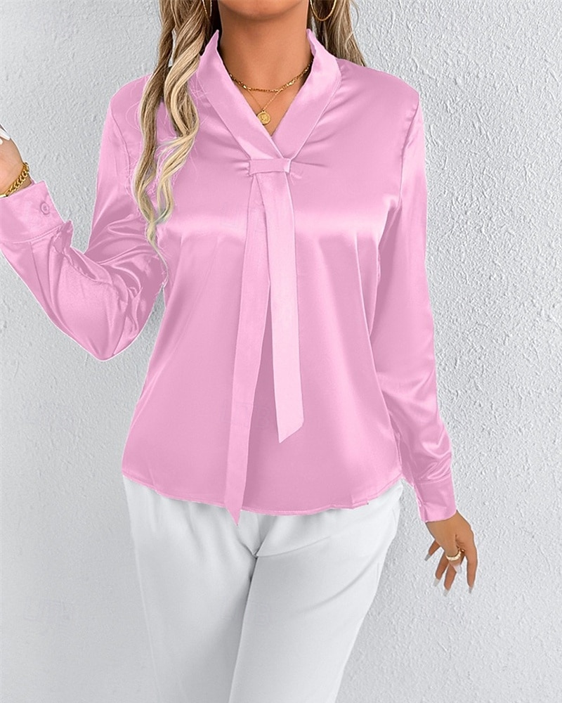 Per donna Camicia Camicia in raso Tinta unica Elegante Casual Manica Lunga Scollo a V Top Regolari Quotidiano Uscire Nodo frontale Rosa Rosso Primavera Autunno del 2025 a $18.99 –P3