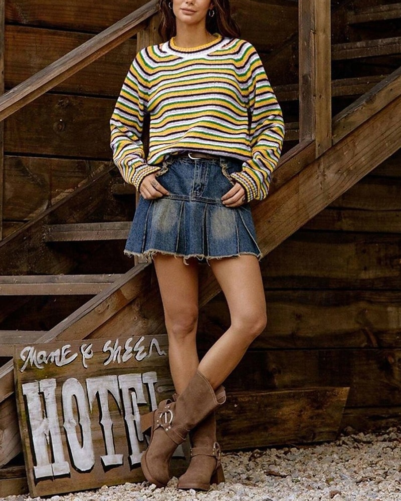 Femmes Pull Mode Occasionnel Rayé Côtelé Col ras du cou Tricoté manche longue Hauts Réguliers Tricoter Extérieur Quotidien Week-end Jaune Automne Hiver de 2025 ? $28.99 –P3