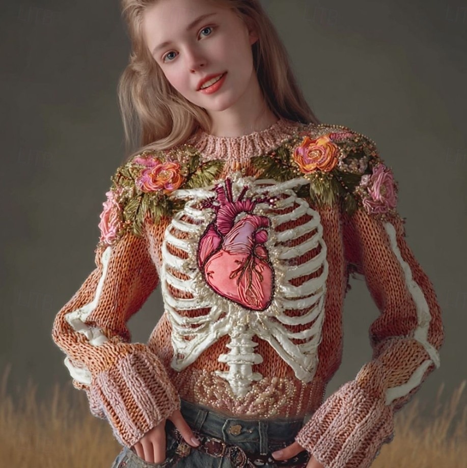 Dame Genser søt stil Gatemote Fritid Grafisk Skjelett Crew-hals Lapper Strikket Langermet Vanlige topper Strikke Halloween Svart Rosa Høst Vinter 2025 - $29.99 –P2