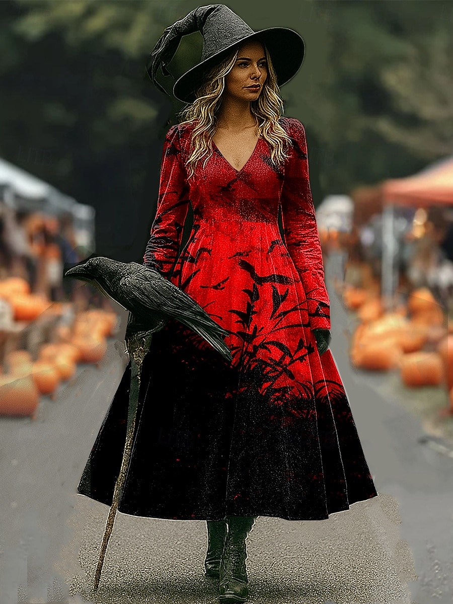 Halloween Damskie Sukienka midi Sukienka A line Urlop Codzienny Codzienny Regularny Kwiaty Graficzny Hokus Pokus Długi rękaw W serek Czarny Czerwony Brązowy Wiosna Jesień 2025 - $33.99 –P2