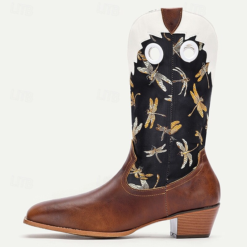 Herren Stiefel Cowboystiefel Stickerei Retro Spaziergang Vintage Lässig Outdoor Täglich PU Leder Bequem Rutschfest Atmungsaktiv Mittelstiefel Slipper Braun Frühling Herbst Winter 2025 - $59.99 –P5