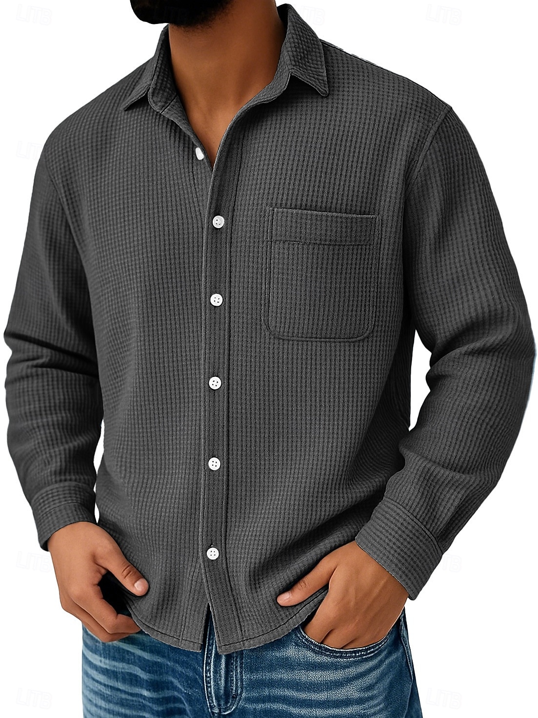 Herren Waffelhemd Freizeithemd Knopfhemd Waffelstrickhemd Schwarz Weiß Wein Marineblau Blau Langarm Einfach Umlegekragen Lässig Täglich Tasche Bekleidung Strickware Mode Streetwear Modern 2025 - $23.99 –P6