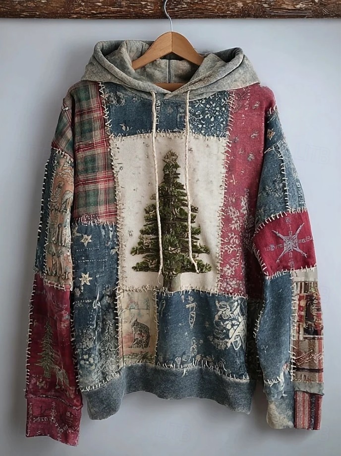 Femmes Sweat à capuche Fleuri Graphique Arbre de Noël Élégant Chaud Actif manche longue À capuche Hauts Réguliers Rue Tenue Quotidienne Occasionnel Patchwork Imprimé Bleu Printemps Automne Hiver de 2025 ? $26.99 –P1