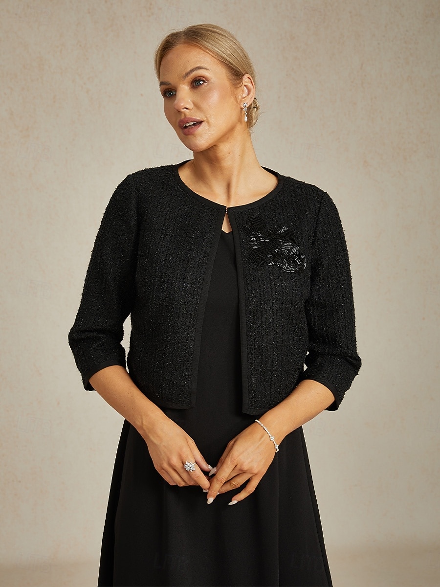 Pentru femei Jachetă Palton Cald Ștrasuri Elegant Oficial Petrecere Invitat la nunta Muncă Scurt Crewneck Fit regulat Manșon Lung Îmbrăcăminte exterioară Negru Primăvară Toamnă 2026 - $22.49 –P2