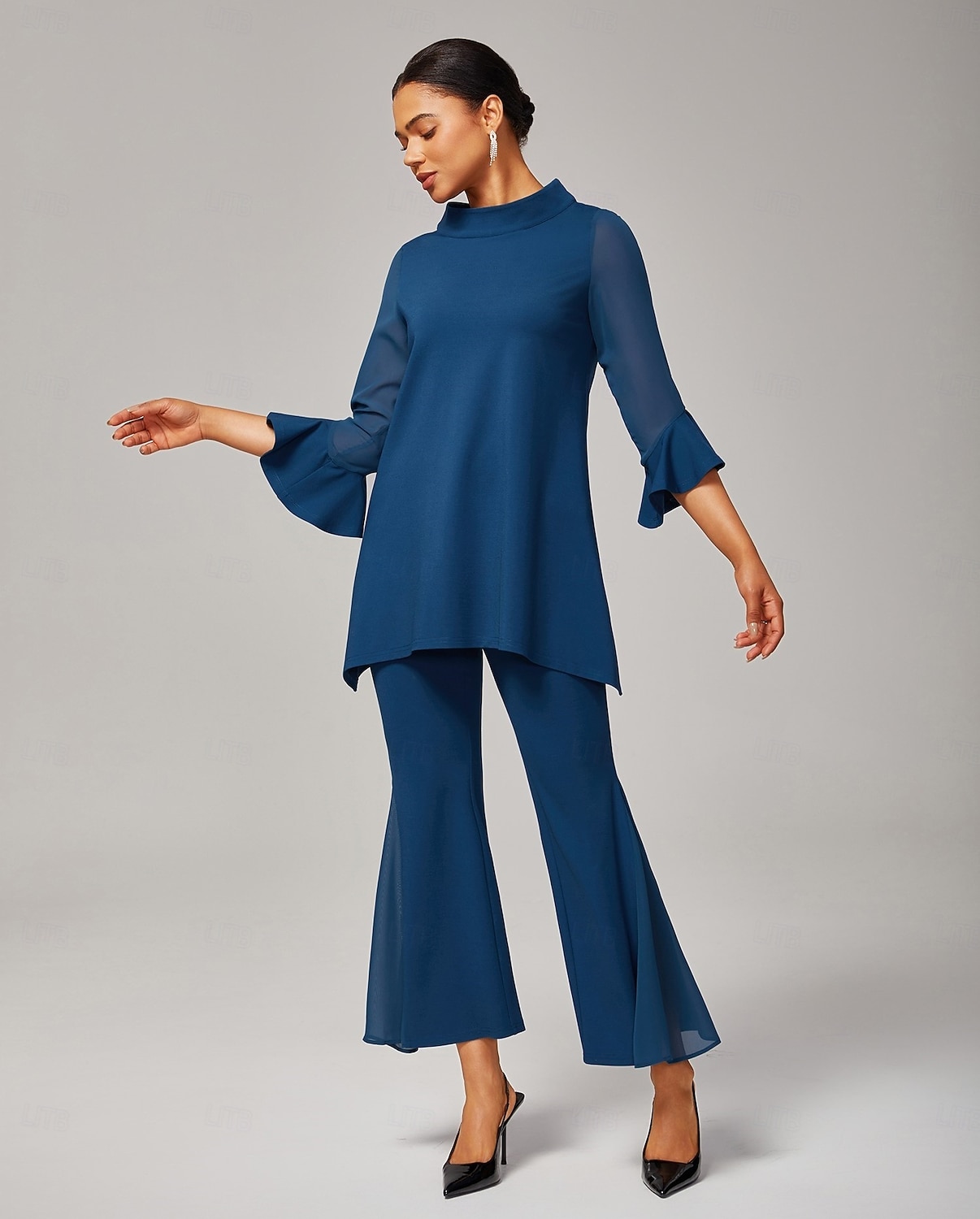 Dunkelblaue Chiffon-Modal-Slim-Fit-Bluse für Damen mit transparenten Ärmeln, elegant, leicht, atmungsaktiv, fürs Büro, Abendessen oder Date 2025 - $61.99 –P1