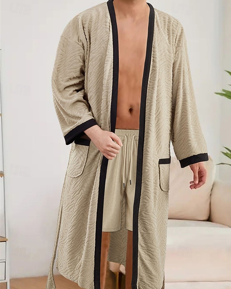 Herr Pyjamas Sovkläder Badrock Slät Mode Stylish Klassisk Hem Dagligen Säng Polyester Komfort Mjuk V-hals Långärmad Ficka Inkl. bälte Vår Höst Svart Vit 2025 - $27.99 –P1