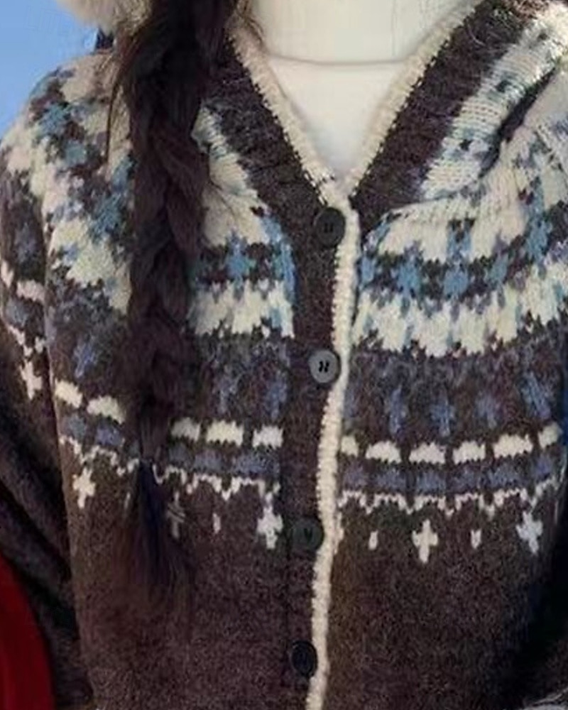 Dame Genser Kofte Fair Isle genser Årgang Mote Fritid Geometrisk Riflet Med hette Knapper Strikket Trykt mønster Langermet Vanlige topper Strikke Jul utendørs Daglig kaffe Høst Vinter 2025 - $33.99 –P2