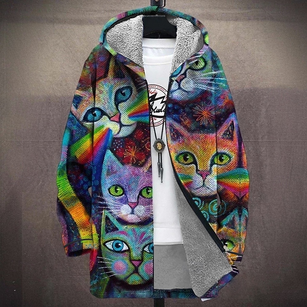 Per uomo Animale Gatto Cappotto Invernale Giacca in Pile Cappotto Calore Termico Confortevole Casual Abbigliamento quotidiano Cerniera Tasca Stampa 3D Autunno Inverno Con Cappuccio Manica Lunga Nero del 2026 a $56.99 –P2